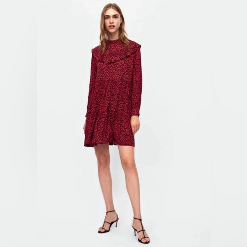 Zara Red and Black Printed Ruffle Dress